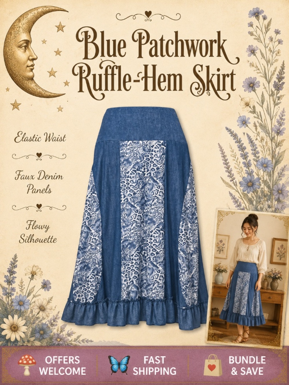 Studio West Blue Patchwork Skirt Elastic Waist Ruffle Hem Size L
